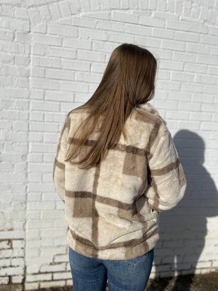 Good Surprises Cream/Brown Plaid Faux Fur Jacket