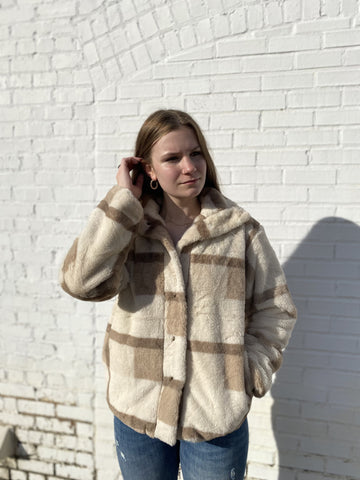 Good Surprises Cream/Brown Plaid Faux Fur Jacket